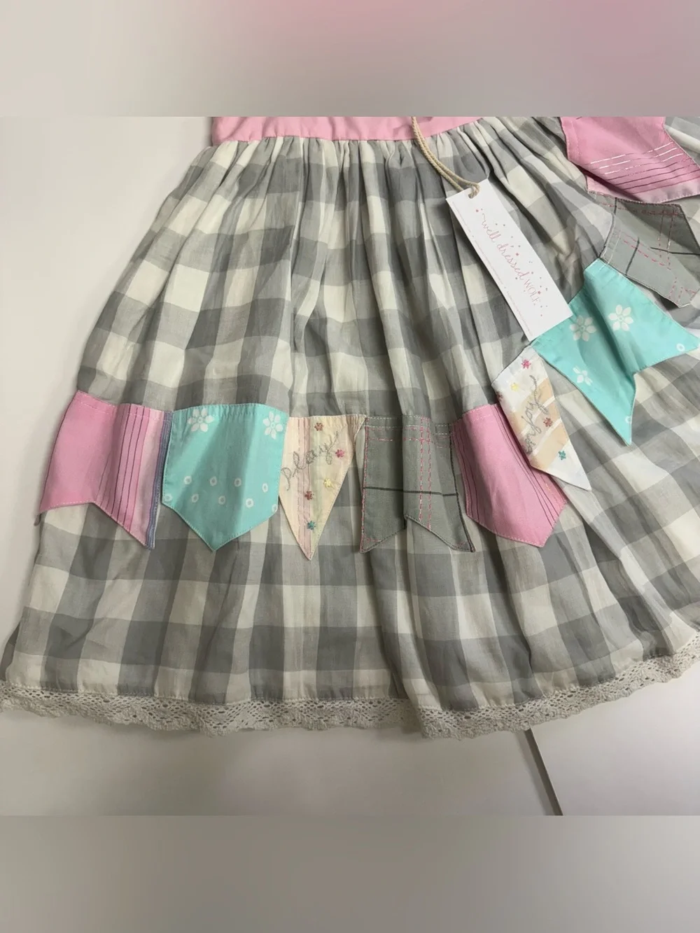 Well Dressed Wolf Joyce Party Dress Gray White Checker Pink Blue Flags Girls 4T